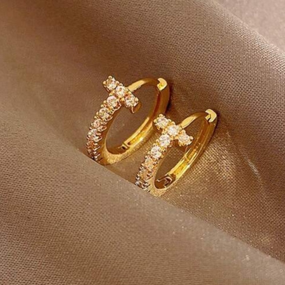 CZ Cross Huggie Hoop Earrings NWOT